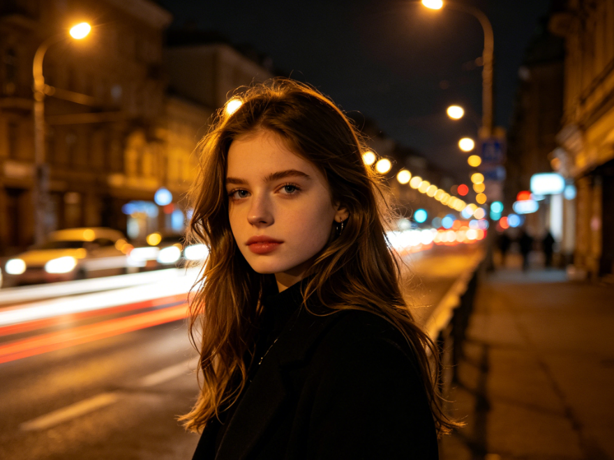 Night city portrait of young Caucasian girl, warm streetlights, half-body shot with traffic street background, clear image, 4:3 aspect ratio