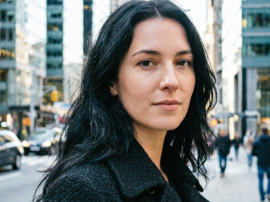 Half-body street portrait of Caucasian woman in black coat, daytime natural light, urban street background, clear image, 4:3 aspect ratio