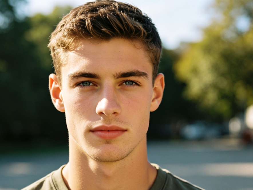 Frontal portrait of a young European man outdoors under soft daylight, wearing a casual T-shirt with a clean-shaven face, energetic and fresh style, high-definition realistic style, 4:3 aspect ratio