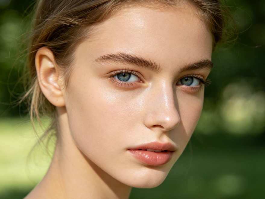Young Caucasian female model, bare face close-up outdoors, natural brows and eyes, delicate facial features, blurred green grass background, natural daylight, 4:3 aspect ratio