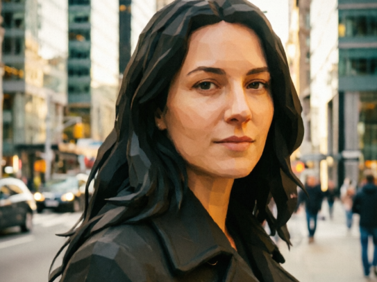 Half-body street portrait of Caucasian woman in black coat, low-poly PS2 game style, warm natural light, urban background, 4:3 aspect ratio