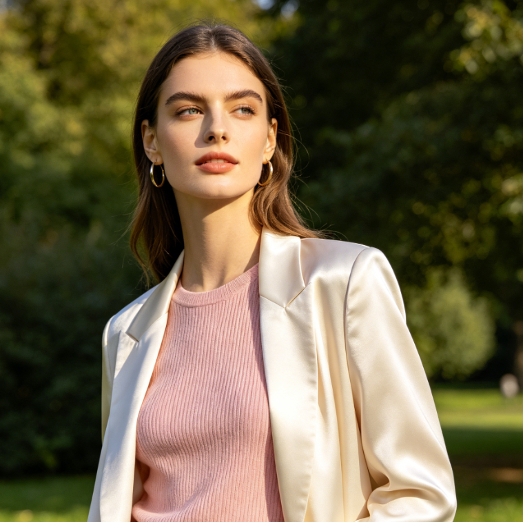 Woman with off-white satin blazer, lightweight glossy fabric and natural folds, matched outdoor side backlight, gentle commuter style