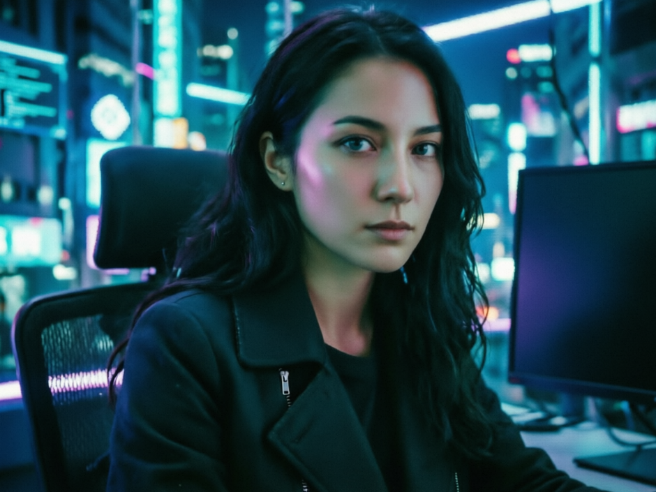 Half-body cyberpunk portrait of Asian woman in black leather jacket, hacker look at computer, neon light background, clear image, 4:3 aspect ratio