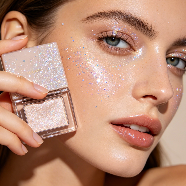 Young Caucasian girl outdoor half-body portrait, added low-saturation rainbow fine glitter, star-like sequins around figure and background, fairy tale dreamy style, fresh visual