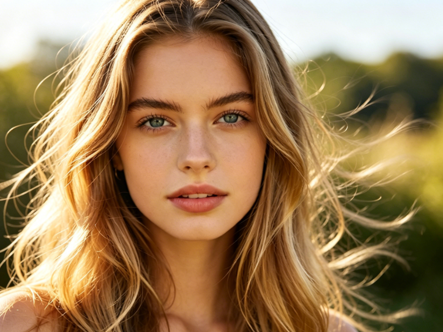 Backlit outdoor portrait of young Caucasian girl, soft motion blur on hair only to simulate wind effect, sharp face and features, gentle and lively vibe, 4:3 aspect ratio