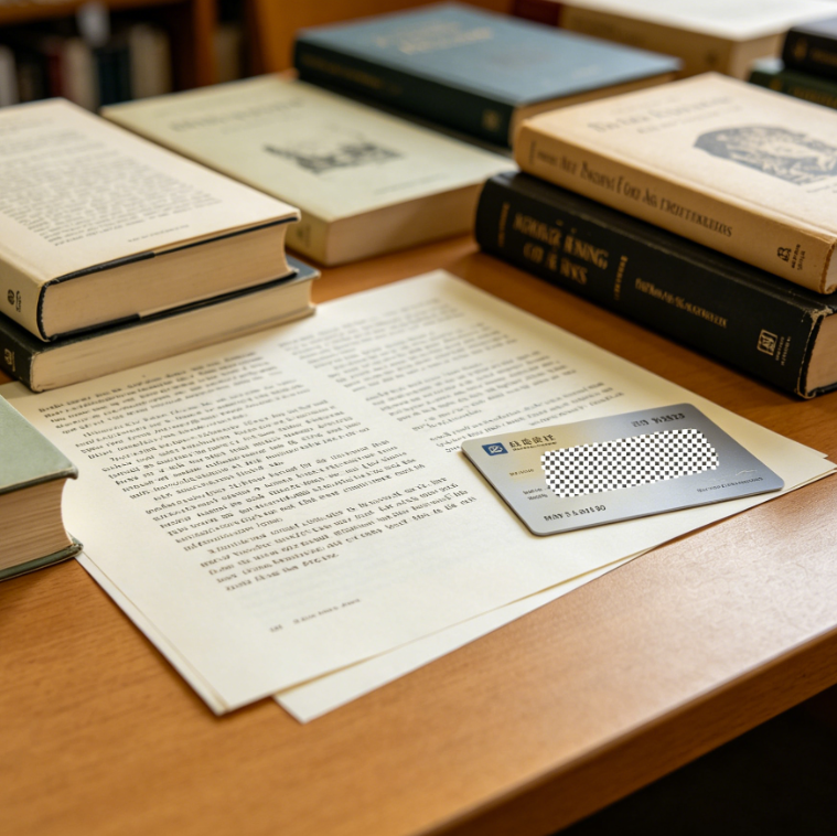  Indoor still life shot of a desk with books and a card; fine grid mosaic is applied only to the text area of the card, keeping other objects in high definition
