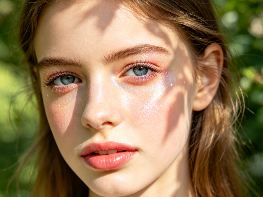 Young Caucasian girl outdoor close-up with peach glitter makeup, fine diamond glitter on eyes, cheeks and lips, fresh and girly look, blurred green background, 4:3 aspect ratio