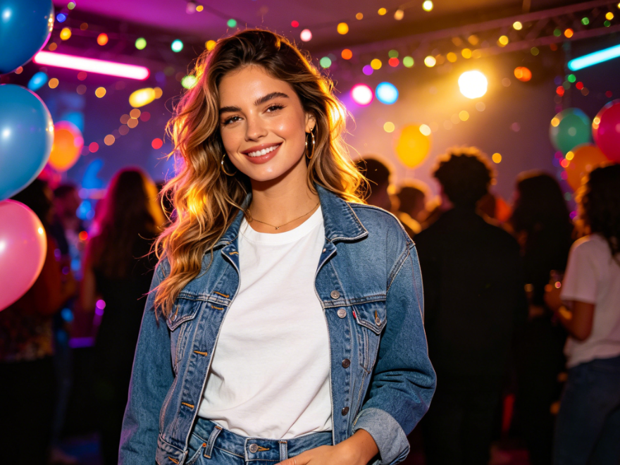 Caucasian female model at party half-body portrait in casual denim outfit, party lights and crowd background, 4:3 aspect ratio