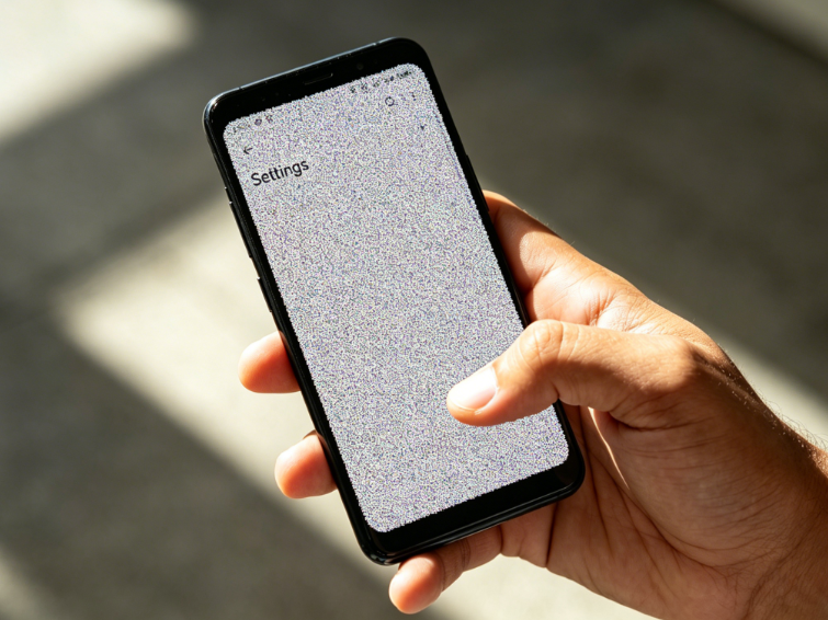 Outdoor shot of a hand holding an English system phone, the Settings screen is fully covered with heavy-grain mosaic, information completely obscured