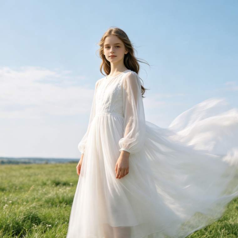 Directional motion blur on dress hem to simulate flowing movement, upper body kept sharp, elegant visual effect
