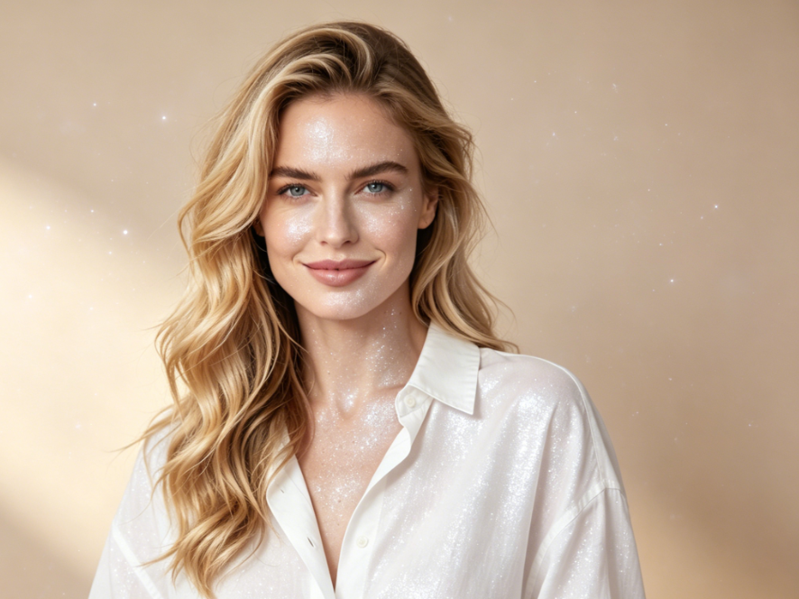 Caucasian female model indoor half-body portrait with soft star glitter effect, low-saturation silver fine glitter on skin and background, hazy atmosphere, 4:3 aspect ratio