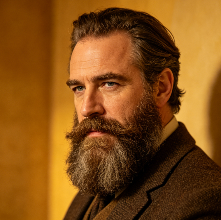 Vintage portrait of a mature European man with warm tone lighting and retro outfit, with full thick vintage beard in soft tone, unified retro style