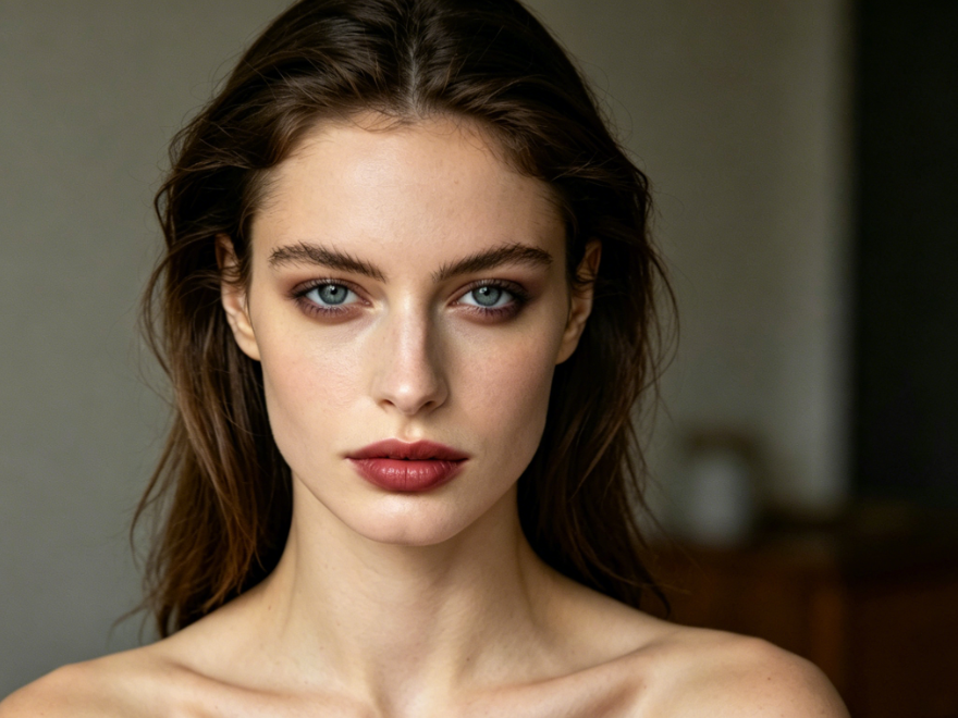 Frontal portrait of a Western woman with dark wavy hair. Features deep earthy smoky eyes and matte brick-red lips. Soft indoor lighting highlights fine skin texture, creating an elegant and mysterious vibe.