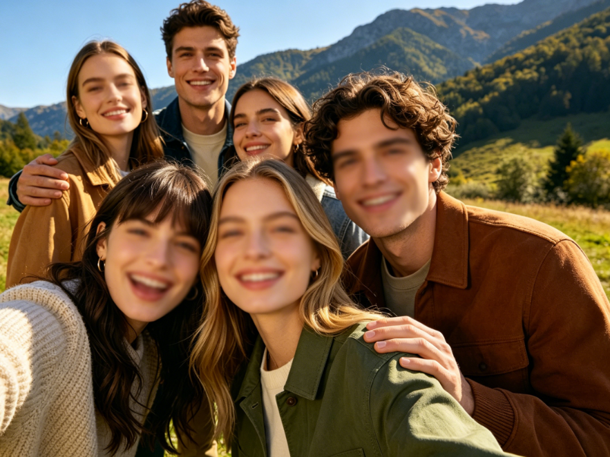Outdoor group photo in the mountains, all faces are softly blurred to protect privacy