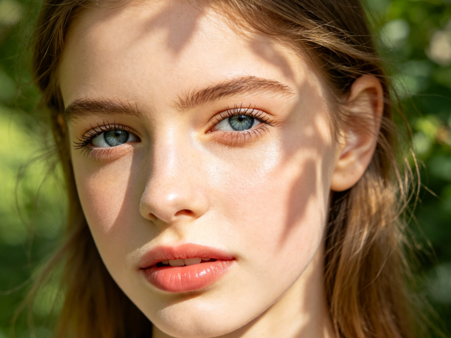 Young Caucasian girl outdoor close-up with fresh natural makeup, blurred green background, natural daylight, 4:3 aspect ratio