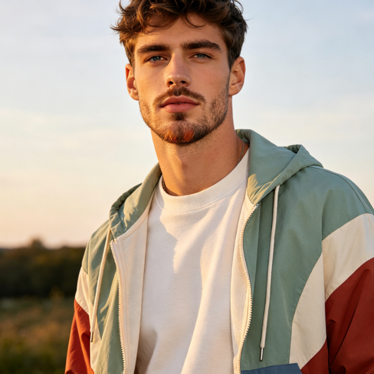 Half-body outdoor portrait of a young European man under soft daylight, trendy outfit, with mixed gradient beard including upper lip stubble and jaw beard, stylish look with harmonious tone