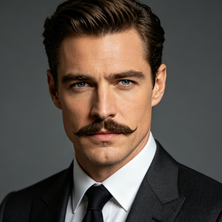 Profile portrait of a European man under side natural light, with short beard fitting facial contours, natural light and shadow, seamless effect