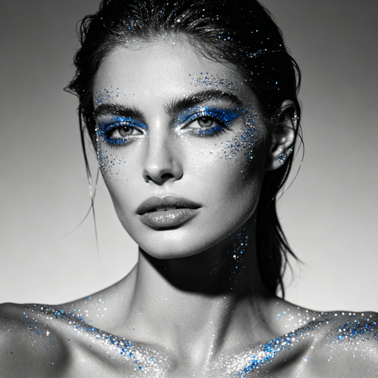 Caucasian female model, black and white close-up with studio cool light, decorated with cool silver-blue diamond glitter, mixed fine and thick sequins on eyes, collarbone and background edge, elegant and cold style