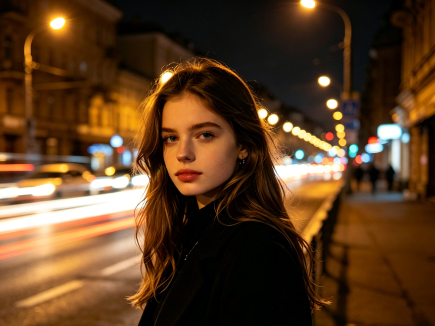 Night city portrait of young Caucasian girl, long exposure motion blur on background traffic to form light trails, sharp subject, dynamic urban night atmosphere, 4:3 aspect ratio