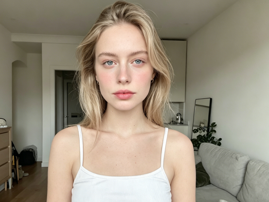 Blonde Caucasian female model with AI moody makeup filter, soft matte base, flushed blush, moody eye makeup, low saturation tones, influencer selfie makeup look, home setting, wearing white camisole, indoor natural light, 4:3 aspect ratio