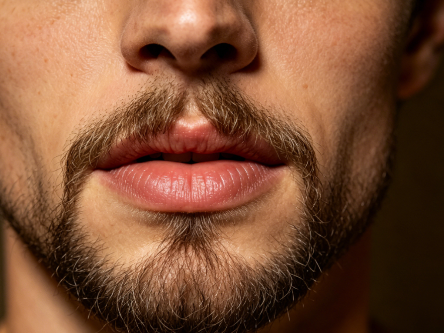 Close-up of a European man's lips and jaw under warm indoor light, with a neat goatee beard, compact and three-dimensional shape fitting the chin line, fine hair texture, natural shadow transition, high-definition detail shot, 4:3 aspect ratio