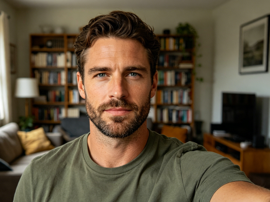 Indoor selfie of a man in the living room, his face is clear and unobscured with a natural background