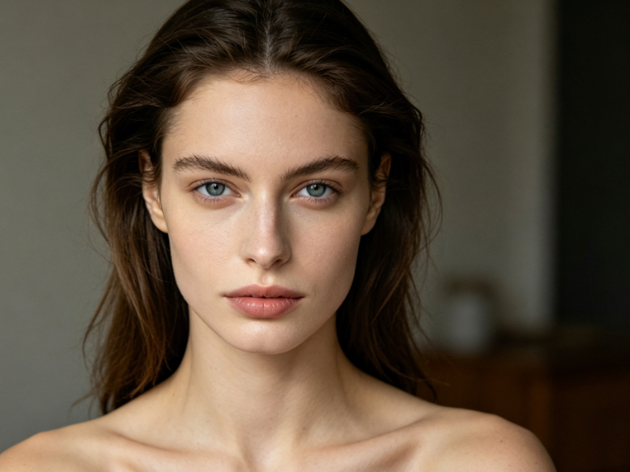  Fresh "no-makeup" look of the same model. Heavy eye makeup is removed to reveal clear grey-blue eyes; lips are hydrated nude pink. The minimal makeup emphasizes soft features and natural skin tone for a clean, pure aesthetic.