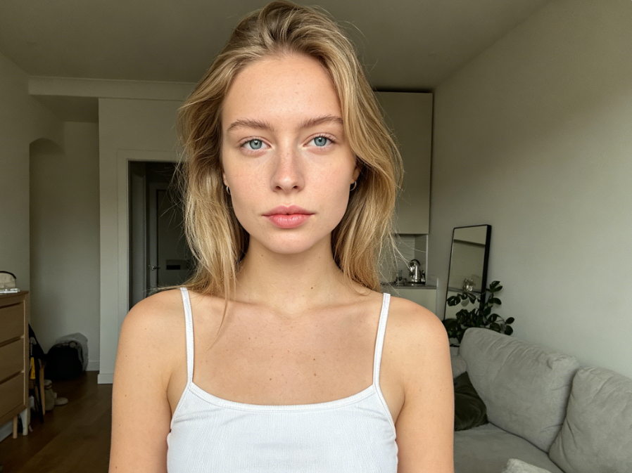 Blonde Caucasian female model, no-makeup selfie in home setting, natural skin texture, wearing white camisole, indoor natural light, 4:3 aspect ratio