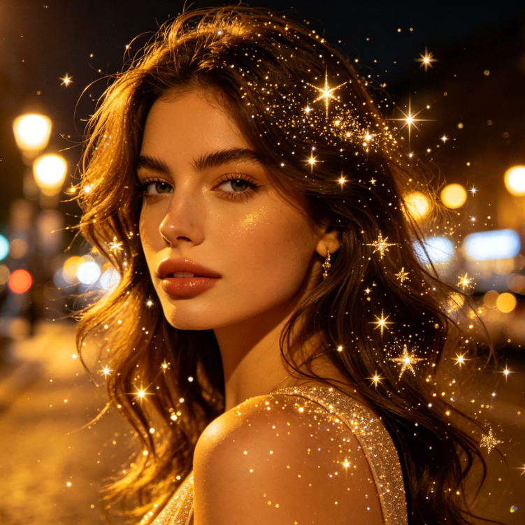 Caucasian female model, half-body portrait at night, added warm golden star glitter, gradient-sized sequins on hair and background, dreamy atmosphere, soft picture