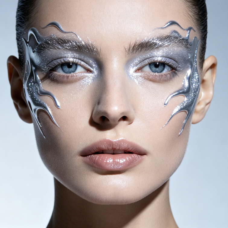 Caucasian female facial close-up, added liquid silver glitter with flowing effect on face edge, metallic luster, futuristic creative style, natural transition