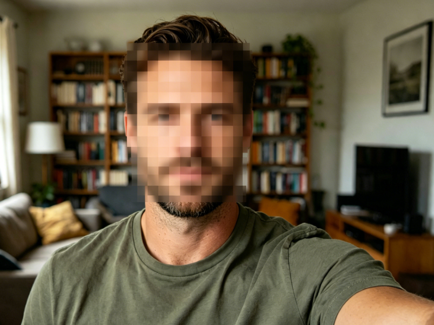 Indoor selfie of a man in the living room, his face is covered with standard grid mosaic to obscure privacy
