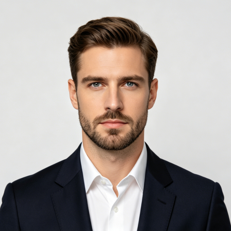 ID-style frontal portrait of a European man under standard soft light, formal expression, with neat short beard of moderate size, natural and decent for formal style
