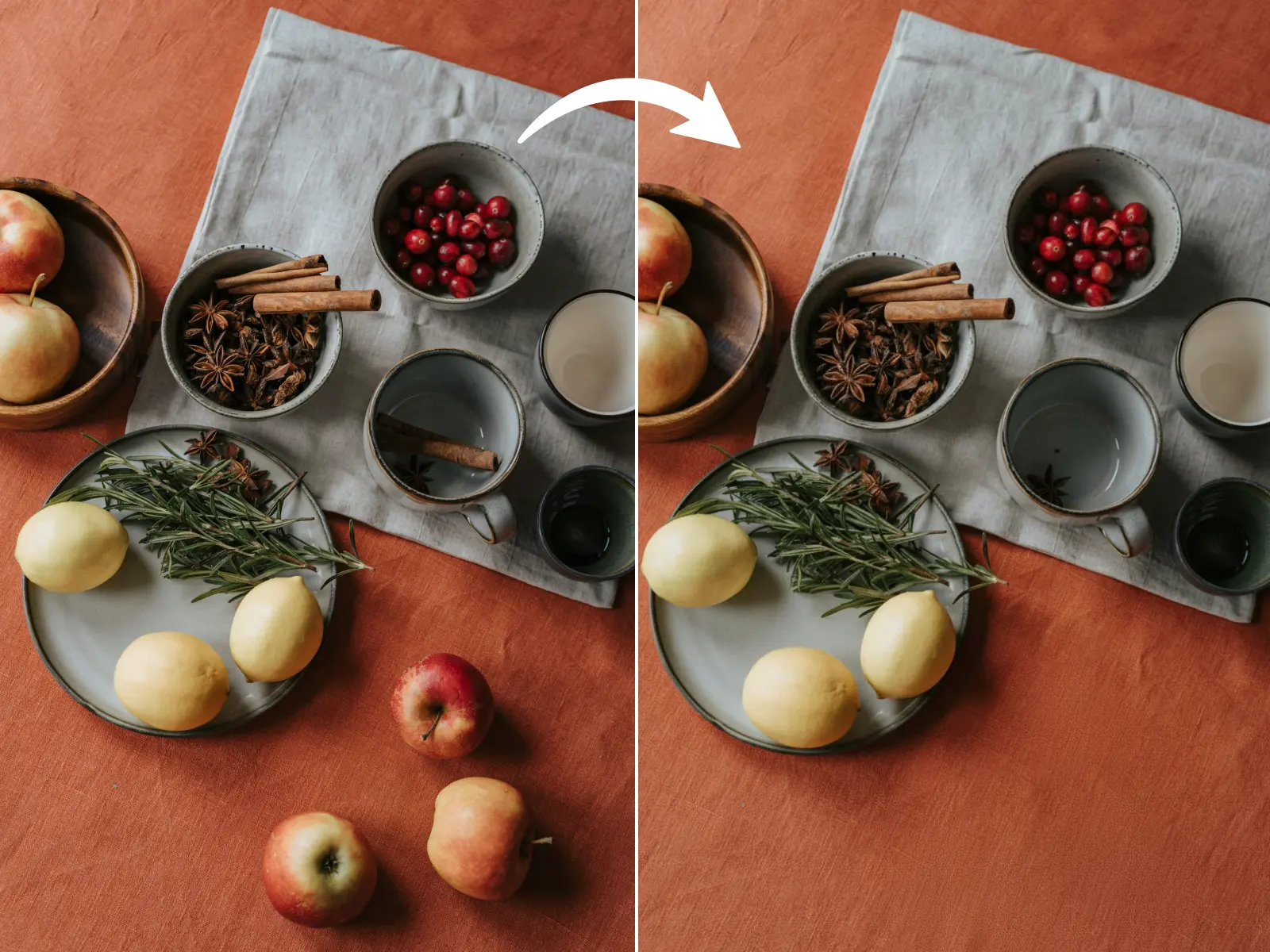 before and after using ai remove object from image tool
