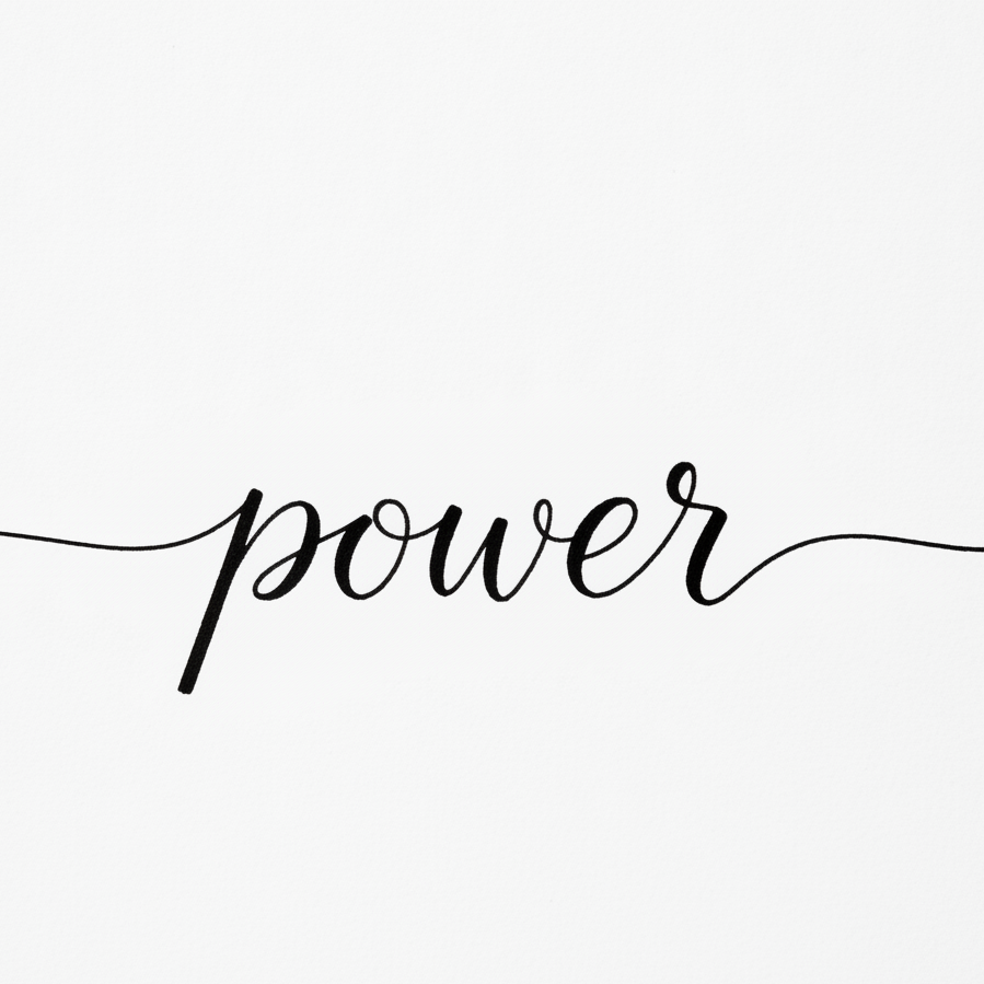 Ultra-thin single-line handwritten “power”, with fluid, continuous strokes extending into horizontal lines at both ends, embodying modern minimalism and elegant strength.
