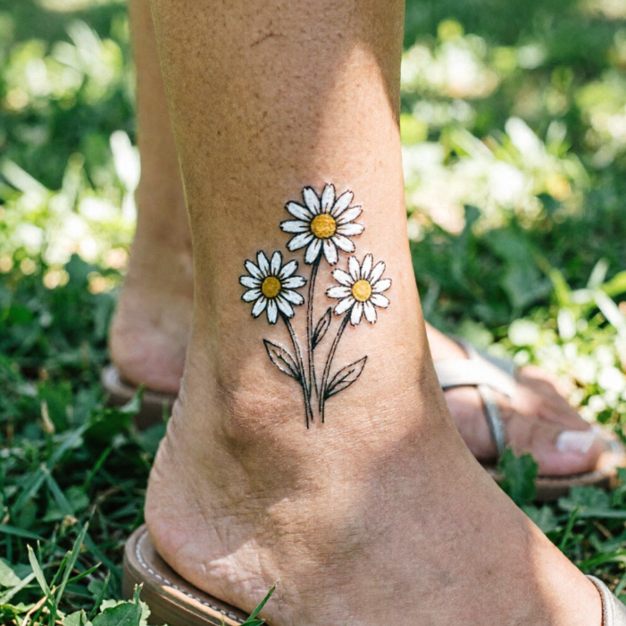 Three white daisies tattooed on outer ankle, neatly arranged petals with yellow centers and slender stems with small leaves; minimalist style against grass and sandals.