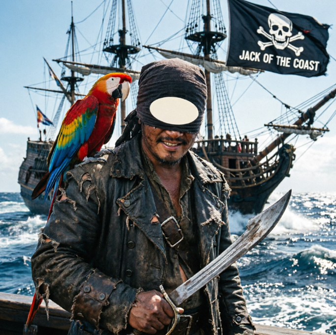 Pirate captain in tattered leather coat and black bandana stands on deck with colorful macaw perched on shoulder, holding cutlass and smiling; face replaced by oval blank area; background shows pirate ship with “JACK OF THE COAST” skull flag and ocean waves.