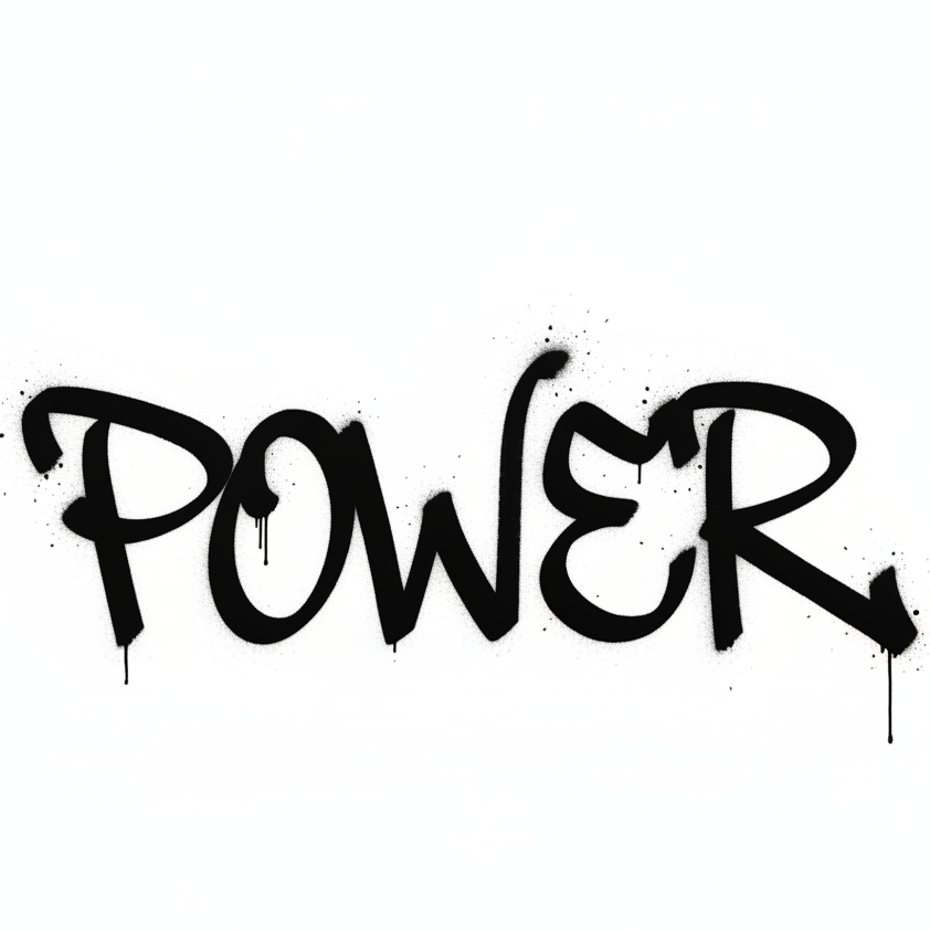 Black spray-paint graffiti “POWER” with splatter and drip effects, embodying street rebellion and raw energy.