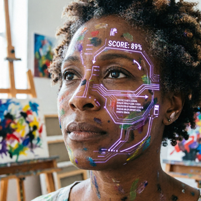 Curly-haired woman with paint-splattered face stands in an art studio with easels in background; a purple technological scanning grid overlays her face showing "SCORE: 89%" and code streams, blending art with digital tech.