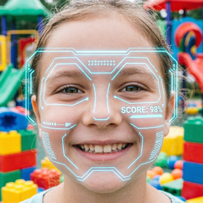 A young girl laughs joyfully in front of colorful building blocks at a playground; her face is framed by light blue geometric lines forming a helmet-like scanning interface, with "SCORE: 98%" on the right and blurred tech text above.