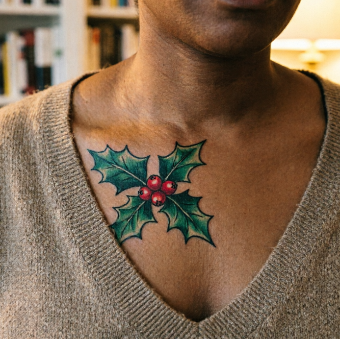 A holly cluster tattooed below the collarbone—three pointed green leaves encircling three bright red berries; classic design against beige knit sweater and bookshelf.