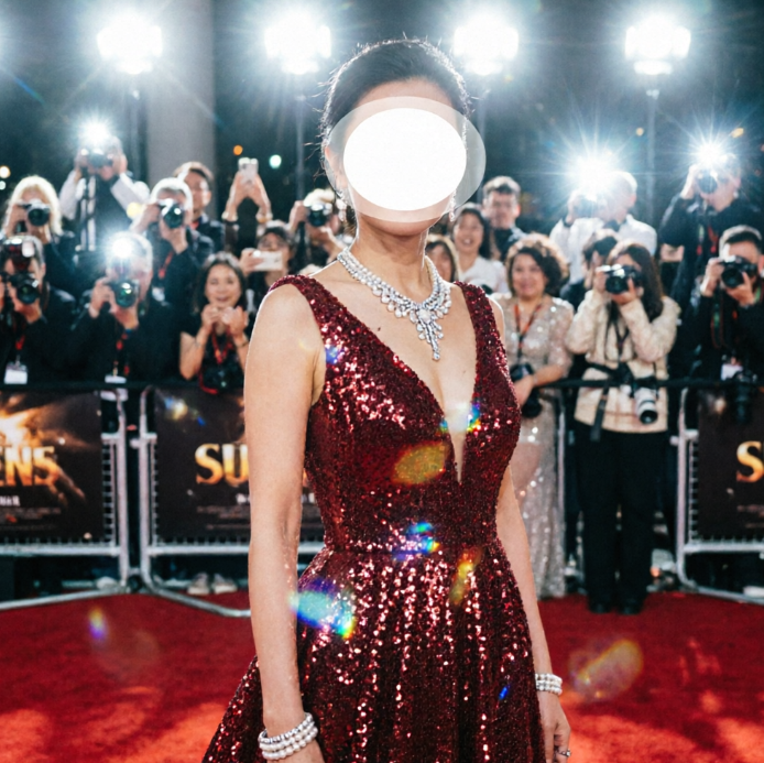Woman in deep-red sequined V-neck gown with diamond necklace and bracelet stands on red carpet; photographers with flashing cameras and movie posters behind her; face is covered by a circular blank area with no facial features above neck.
