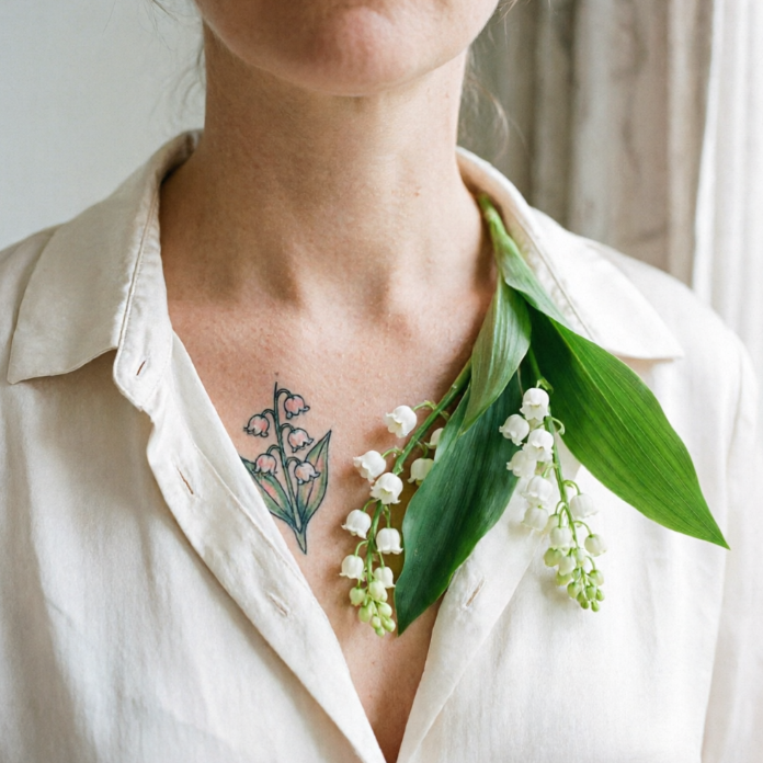 Cluster of pink lily-of-the-valley flowers tattooed below collarbone, bell-shaped blooms hanging downward with dark green leaves; real lily sprig placed beside for visual echo against white shirt collar.