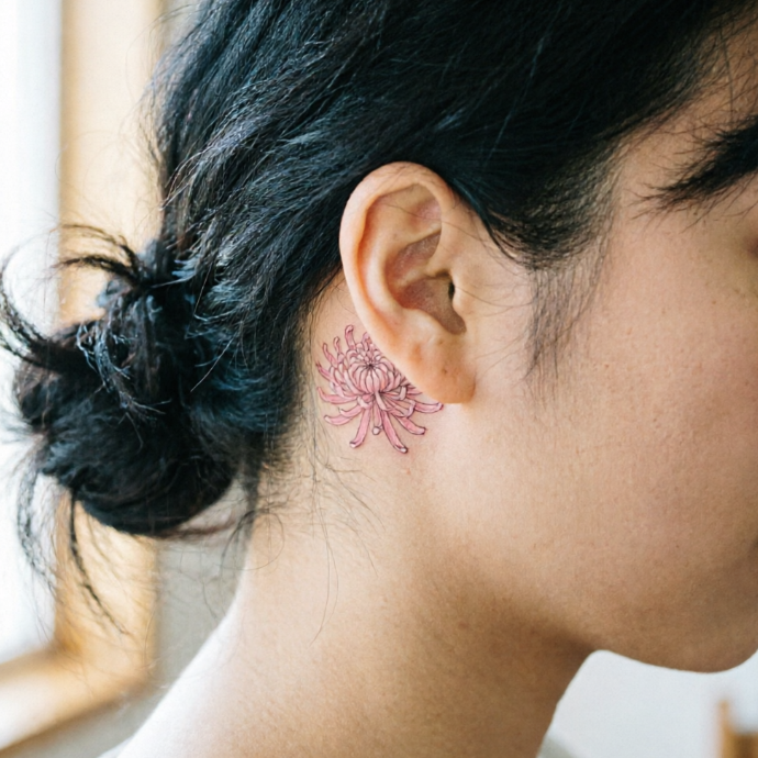 A pink chrysanthemum tattooed behind the ear on the neck, with slender curled petals and airy form; set against black hair bun and natural skin texture under soft light.