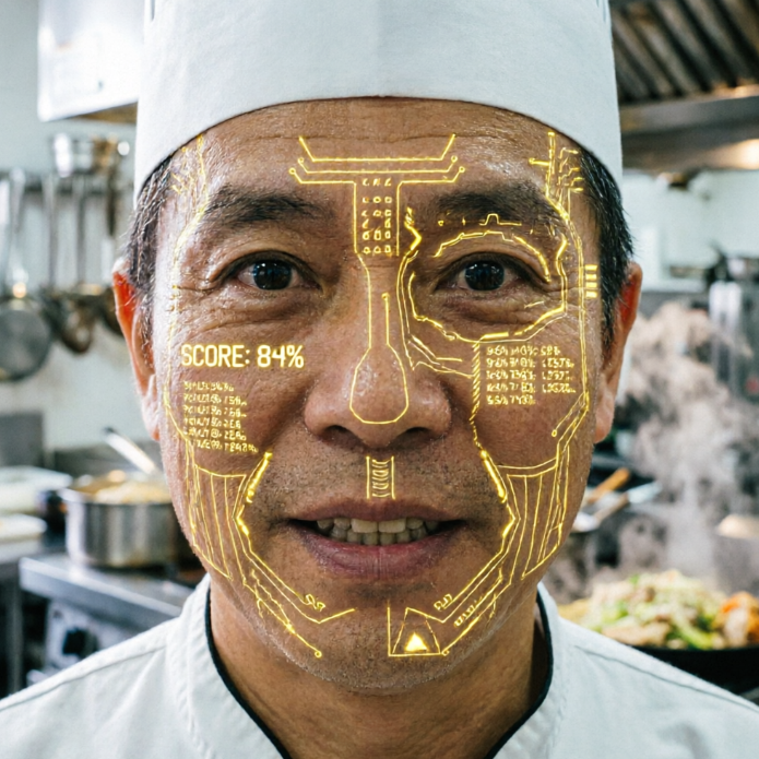 An Asian male chef in a white hat smiles in a kitchen setting; complex golden circuit textures are projected over most of his face, with "SCORE: 84%" and rows of small parameter codes displayed on the left.
