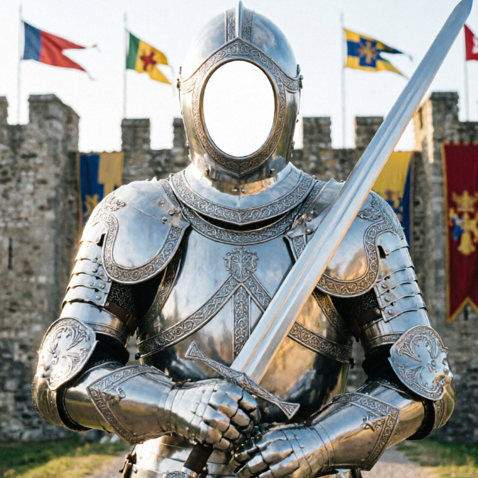 A knight in ornate silver full-body armor holds a sword before a castle, helmet visor is an oval-shaped empty hole for face replacement; colorful flags flutter behind under bright sunlight reflecting off metal.