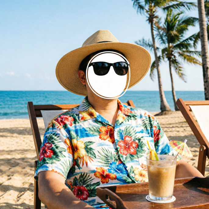 Person in Hawaiian shirt, straw hat, and black sunglasses sits on beach lounge chair; iced drink with lemon and umbrella on table; face is covered by a circular blank area with sunglasses resting above it; ocean and palm trees in background.