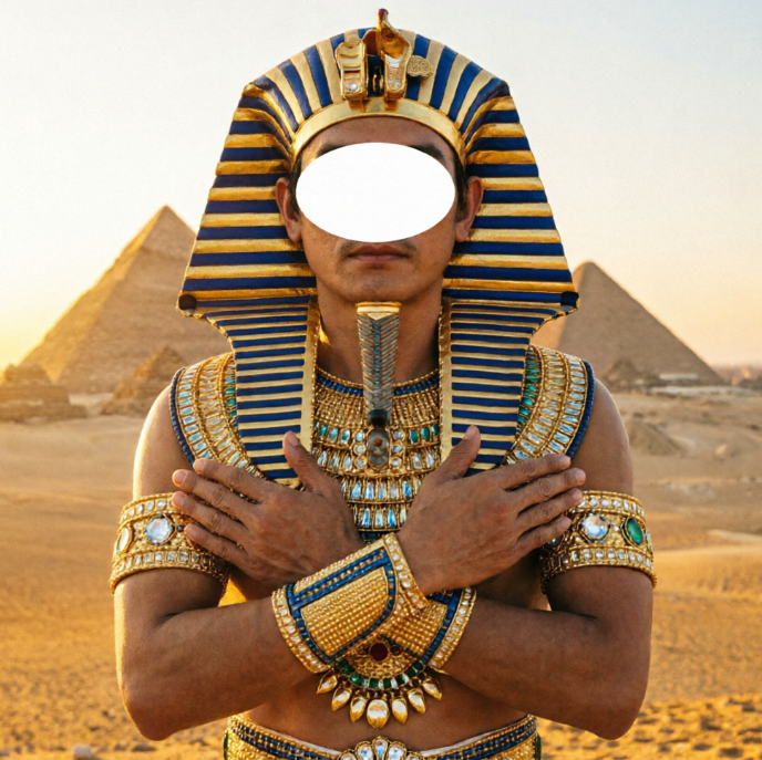 Pharaoh figure wearing blue-and-gold striped nemes headdress and gold uraeus pectoral stands before pyramids in desert at sunset, arms crossed over chest; face replaced by oval blank area for customization.