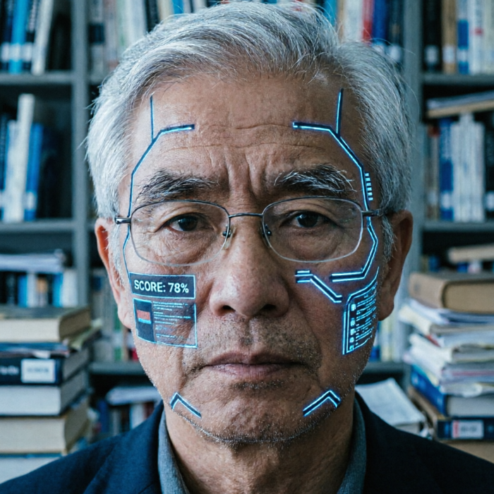 An elderly white-haired man with glasses stands before bookshelves with a serious expression; key facial points are marked by glowing blue lines and nodes, with a data panel showing "SCORE: 78%" on the left cheek and vertical code streams on the right.