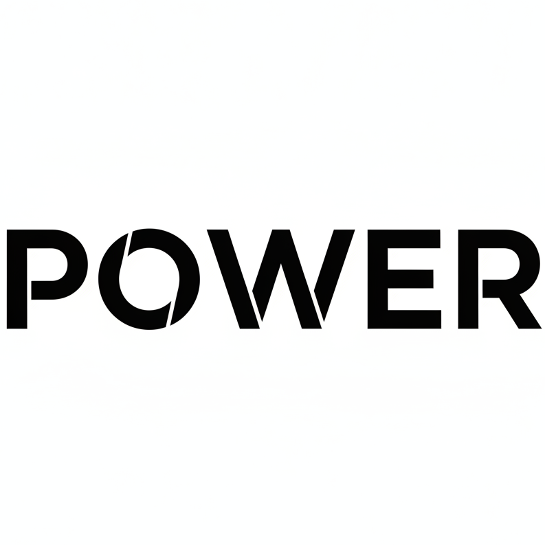 Bold black sans-serif “POWER”, with the letter ‘O’ stylized as a broken ring, symbolizing energy burst or technological power.