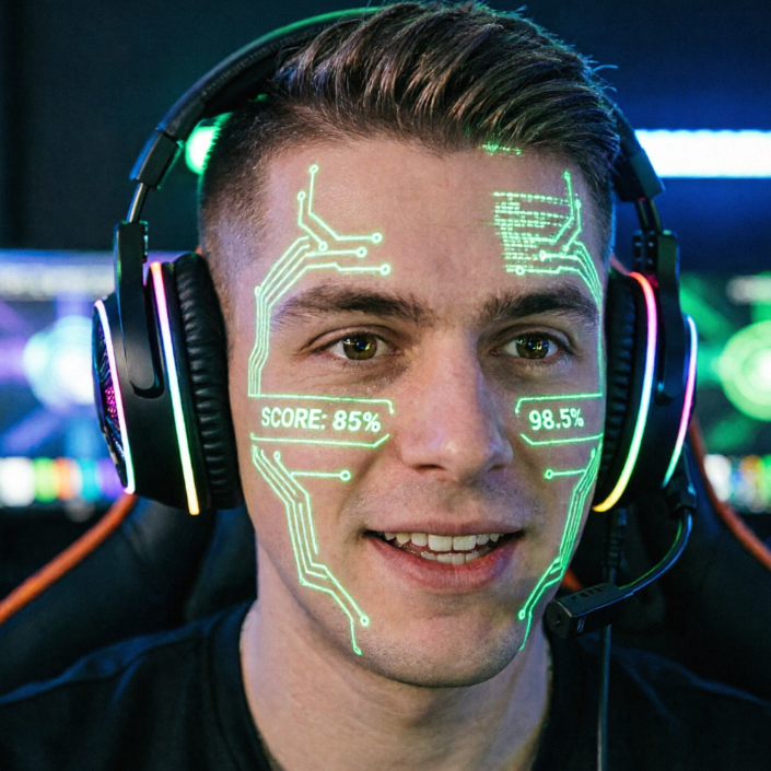 Young male gamer wearing a headset sits in a gaming chair with neon background lighting; green circuit board patterns are projected onto his face, displaying data like "SCORE: 85%" and "98.5%", symbolizing tech-gaming fusion.